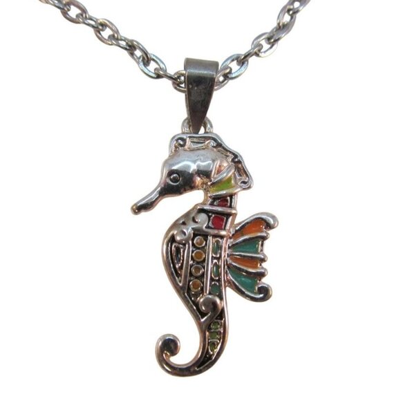 Silver Tone Enamel Seahorse Pendant Necklace - Picture 1 of 12